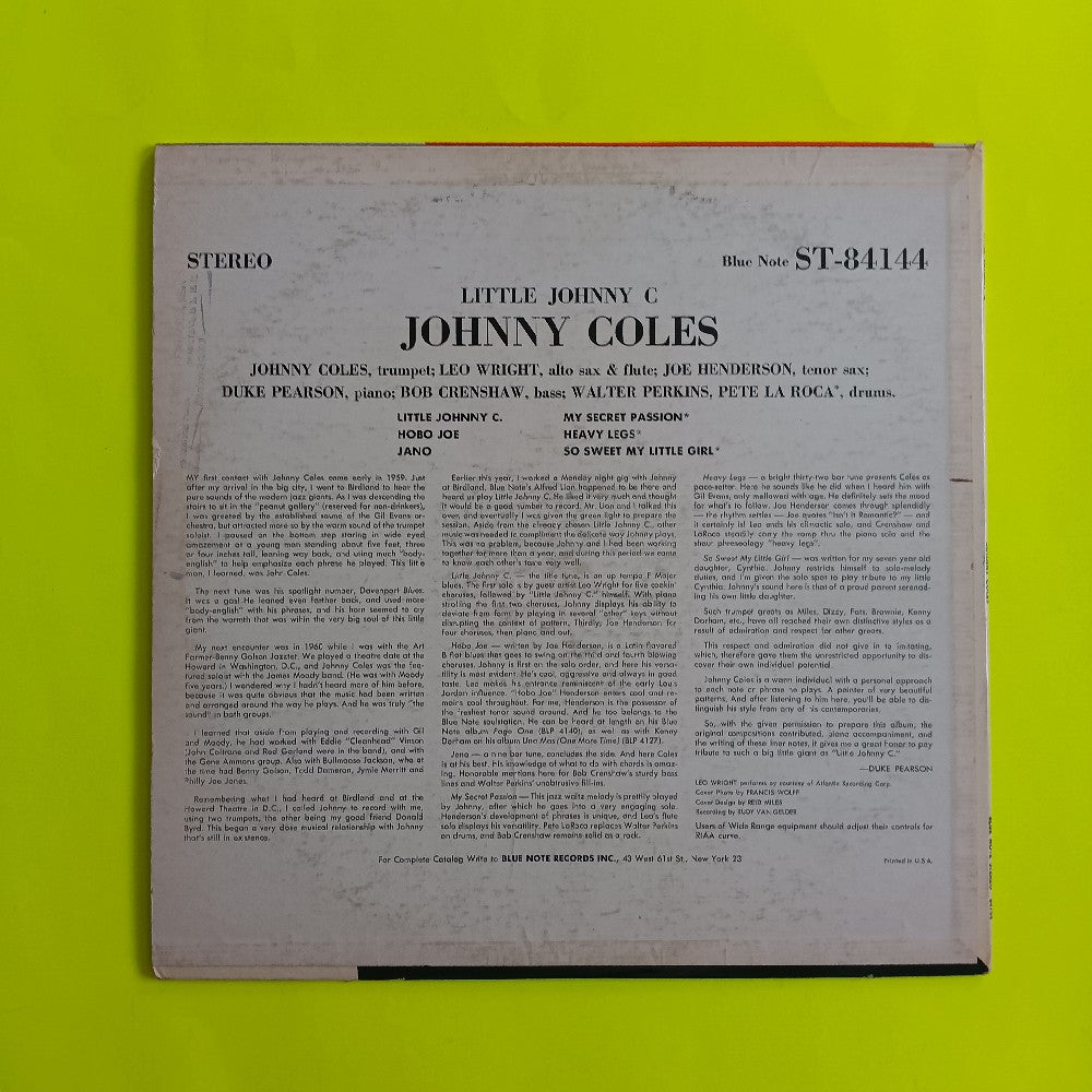 Johnny Coles - Little Johnny C OG Stereo RVG Ear - 1963 - BST 84144 - Used - VG++ - Vinyl Johnny Coles - Little Johnny C OG Stereo RVG Ear - 1963 - BST 84144 - Used - VG++ - Vinyl