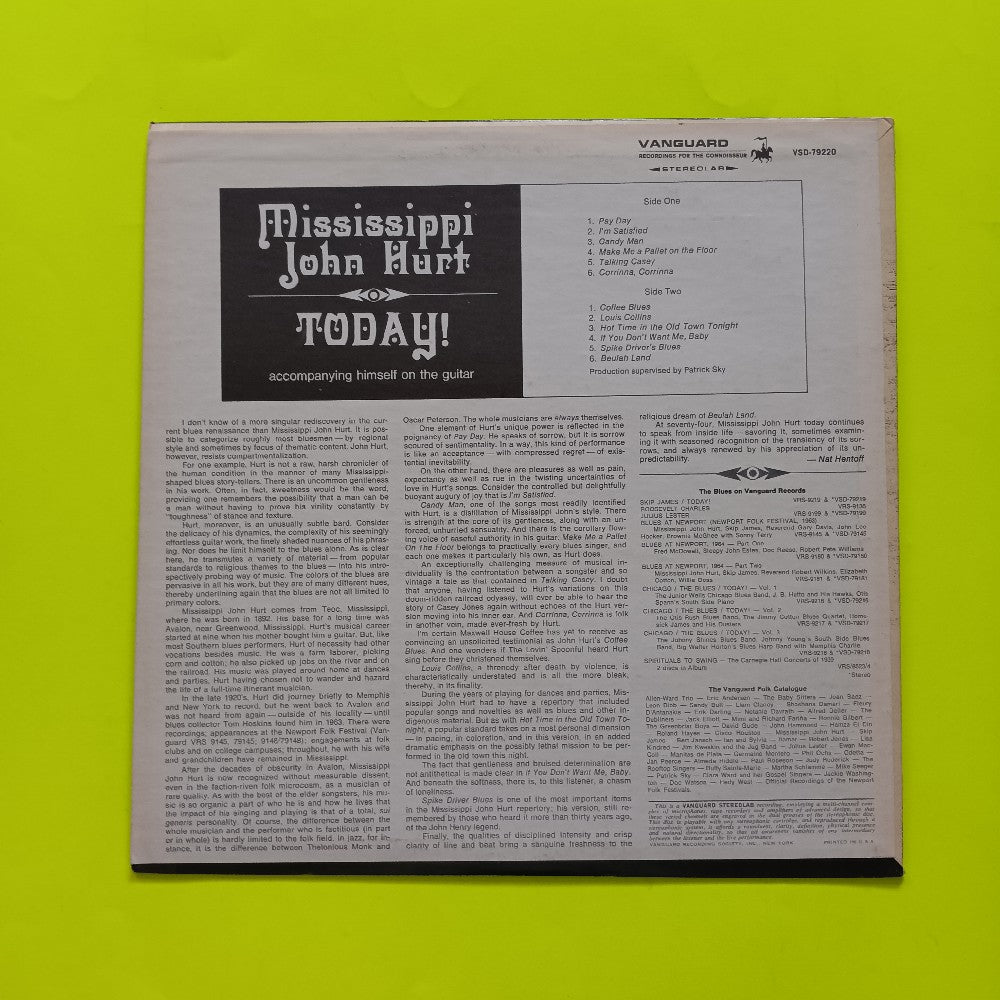 Mississippi John Hurt - Today OG - 1966 - VSD 79220 - Used - VG+ - Vinyl Mississippi John Hurt - Today OG - 1966 - VSD 79220 - Used - VG+ - Vinyl