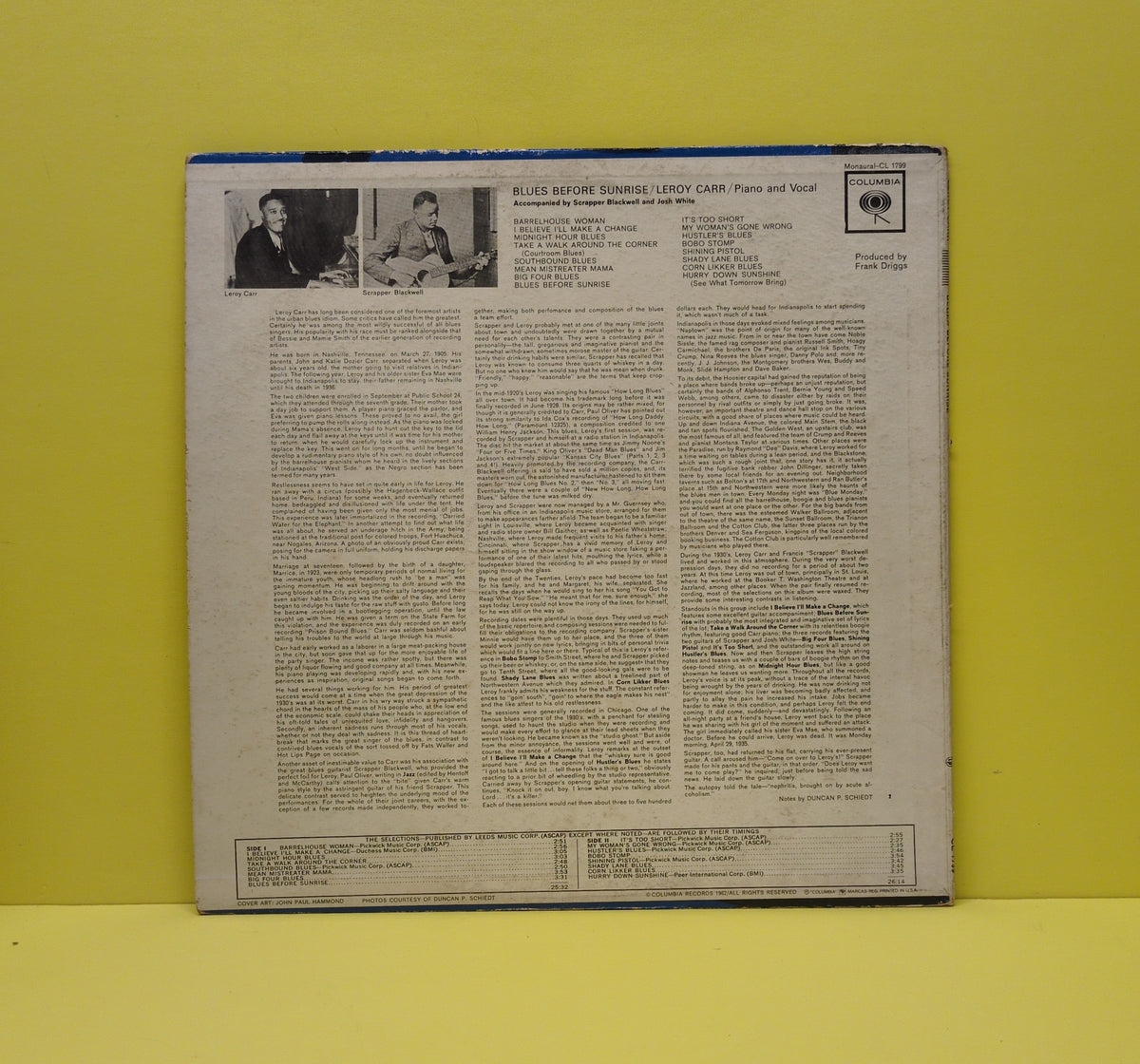 Leroy Carr - Blues Before Sunrise - 1962 - CL 1799 Used - VG++ - Vinyl