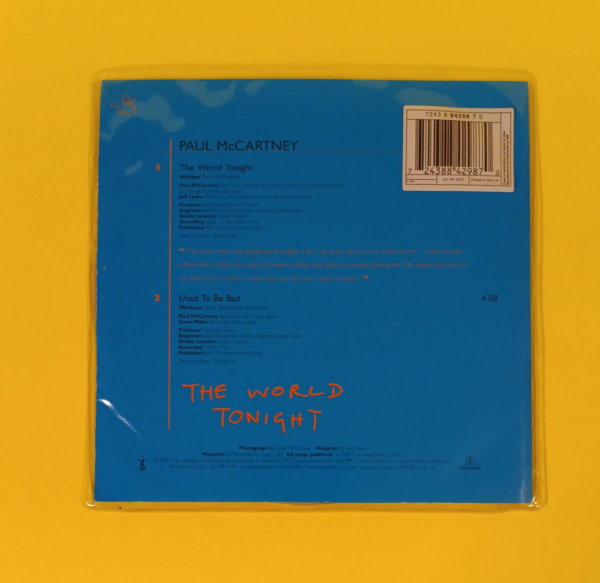 Paul McCartney - The World Tonight (UK 7" Pic Disc) - 1997 - RP 6472 Used - VG - Vinyl