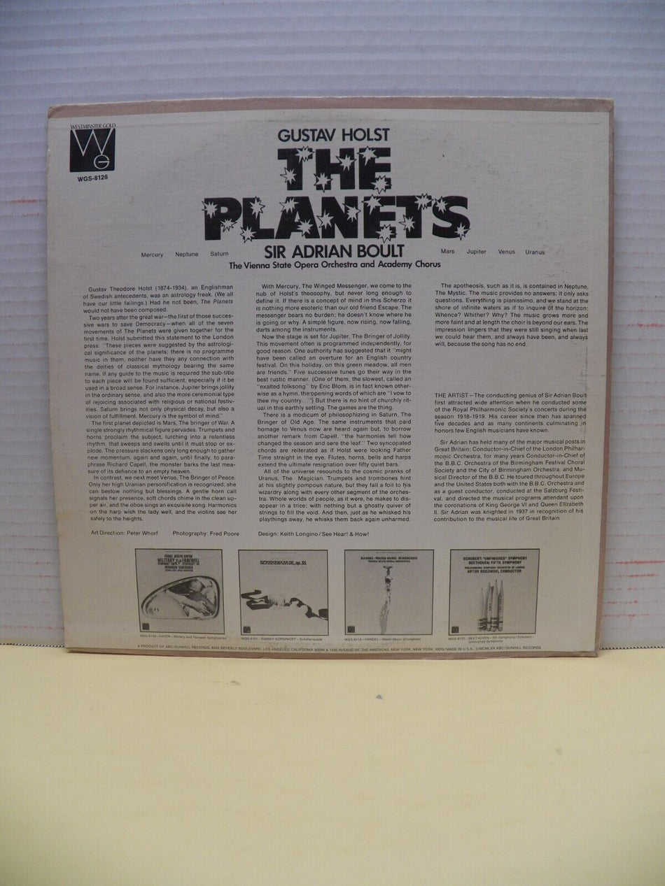 12" LP VG+ Sir Adrian Boult Gustav Holst The Planets 1970 Westminster Gold