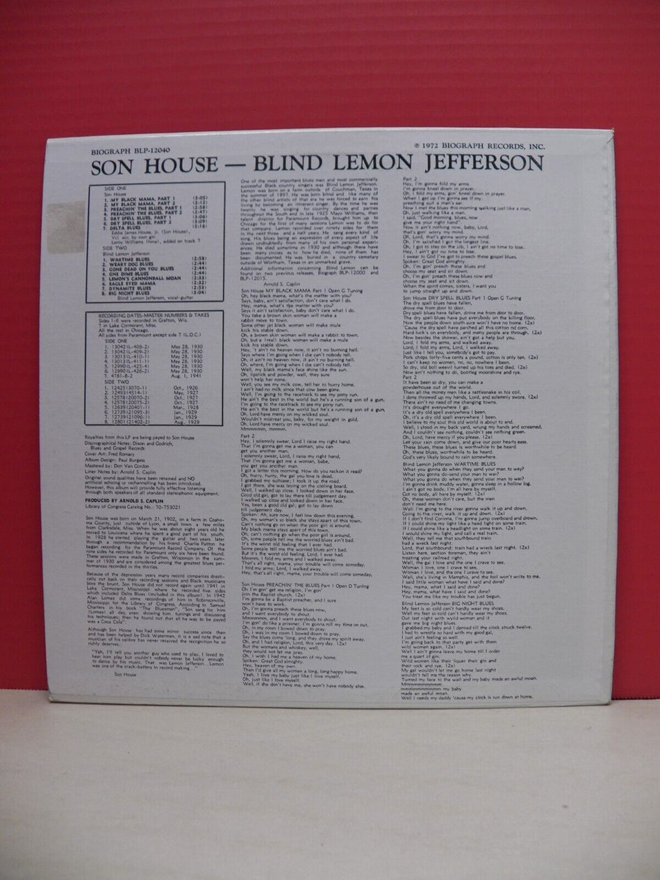 12" LP EX Blind Lemon Jefferson / Son House 1972 Biograph BLP-12040