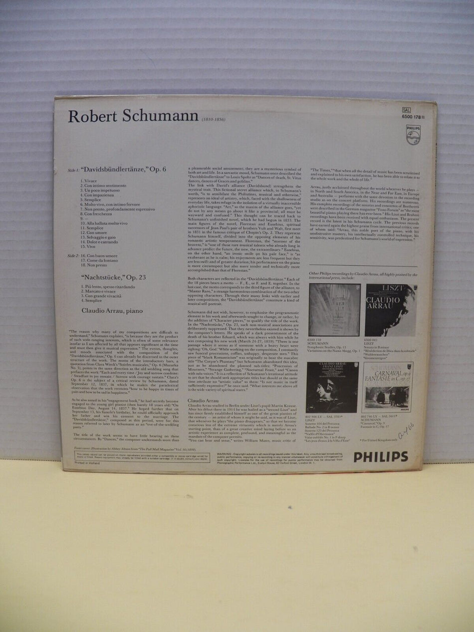 12" LP EX Claudio Arrau Schumann Davidsbundlertanze 1971 Philips UK Import