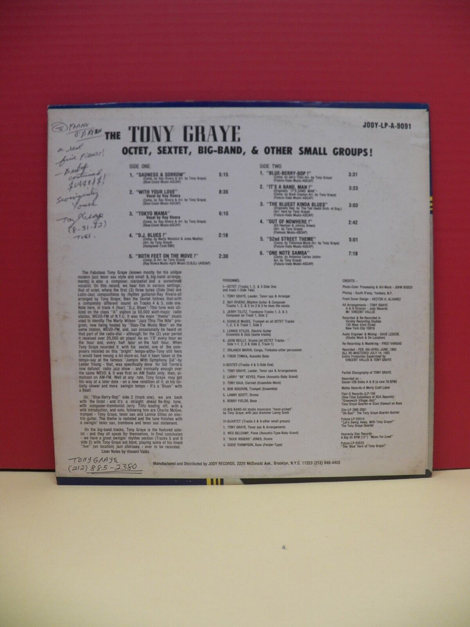 12" LP EX The Fabulous Tony Graye Octet, Sextet, Big Band... Jody Autographed