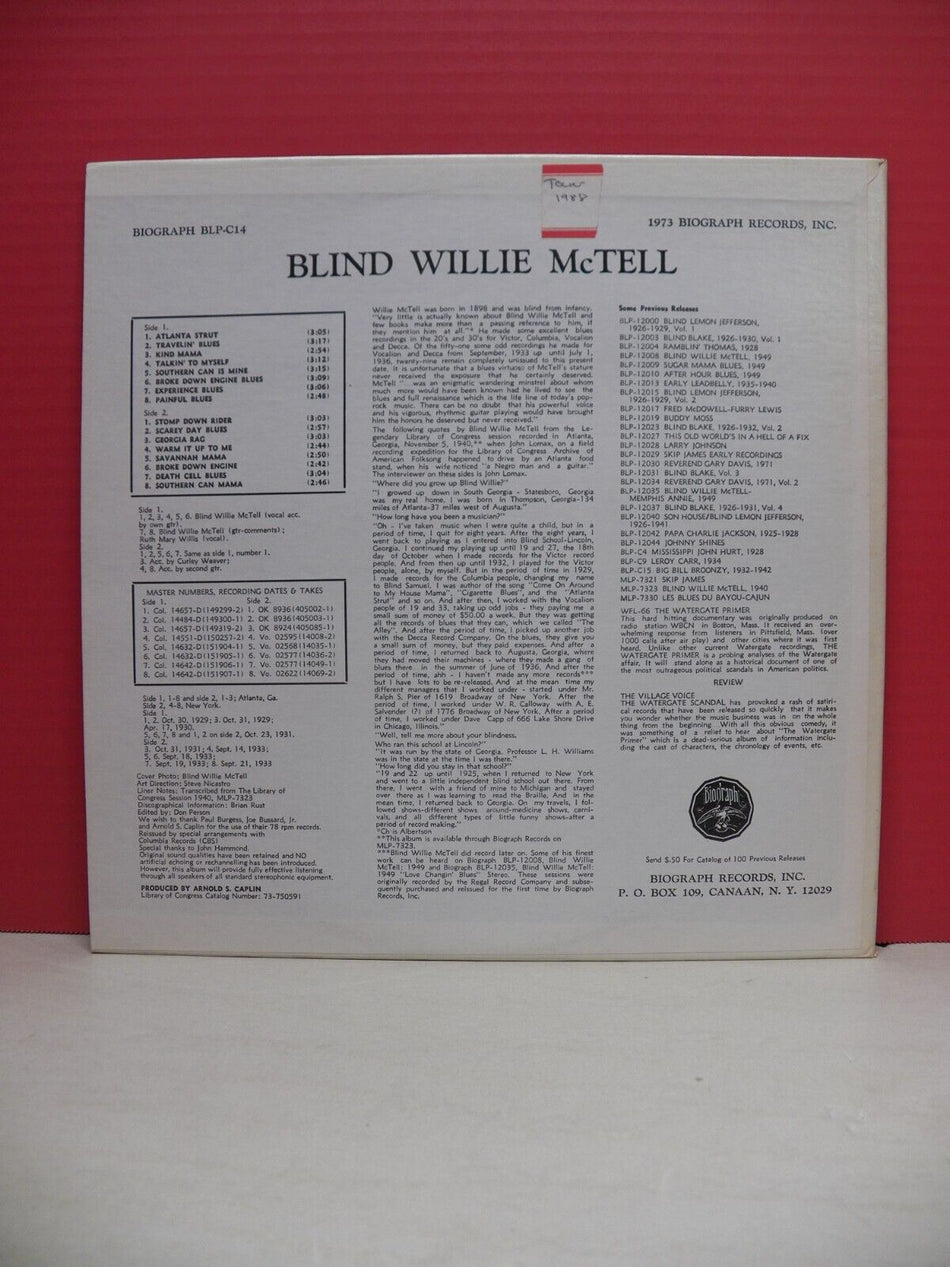 12" LP NM- Blind Willie McTell Death Cell Blues 1973 Biograph Mono BLP-C-14