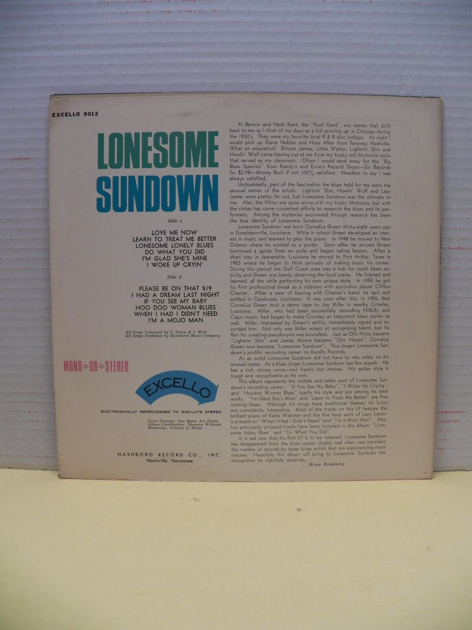 12" LP EX Lonesome Sundown Lonesome Sundown 1969 Excello 8012