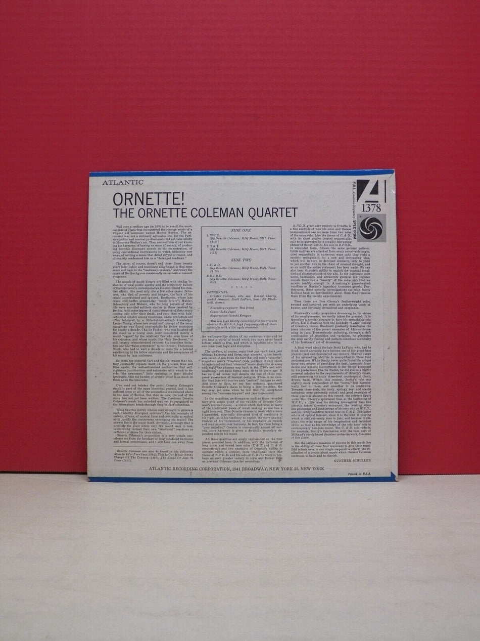 12" LP EX The Ornette Coleman Quartet Ornette! 1962 Atlantic Mono 1378