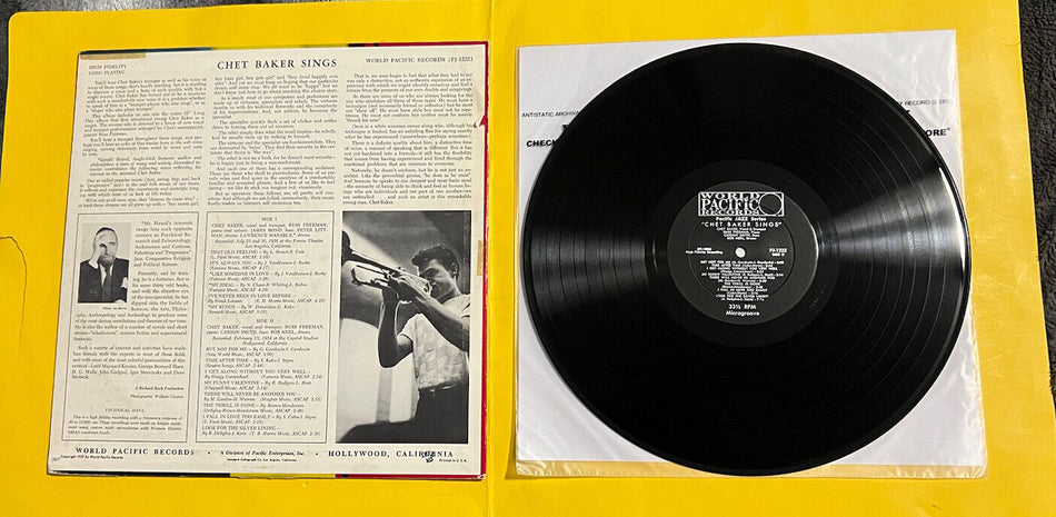 VG ++ Rare LP Vinyl Record Chet Baker Sings 1956 PJ 1222 Mono