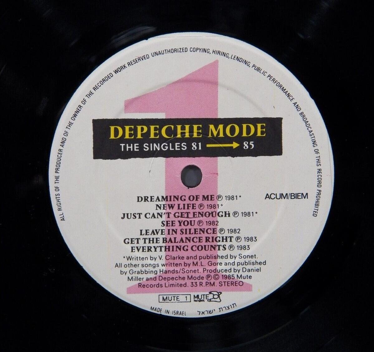 12" LP NM Depeche Mode The Singles 81-85 1985 Mute Records Israeli Import MUTE 1