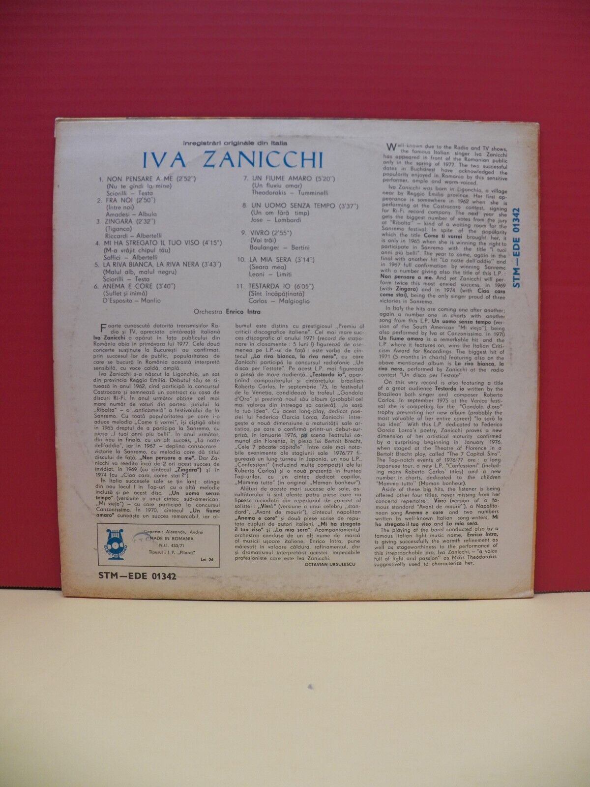 12" LP EX Iva Zanicchi Non Pensare A Me 1977 Electrecord Romania Import