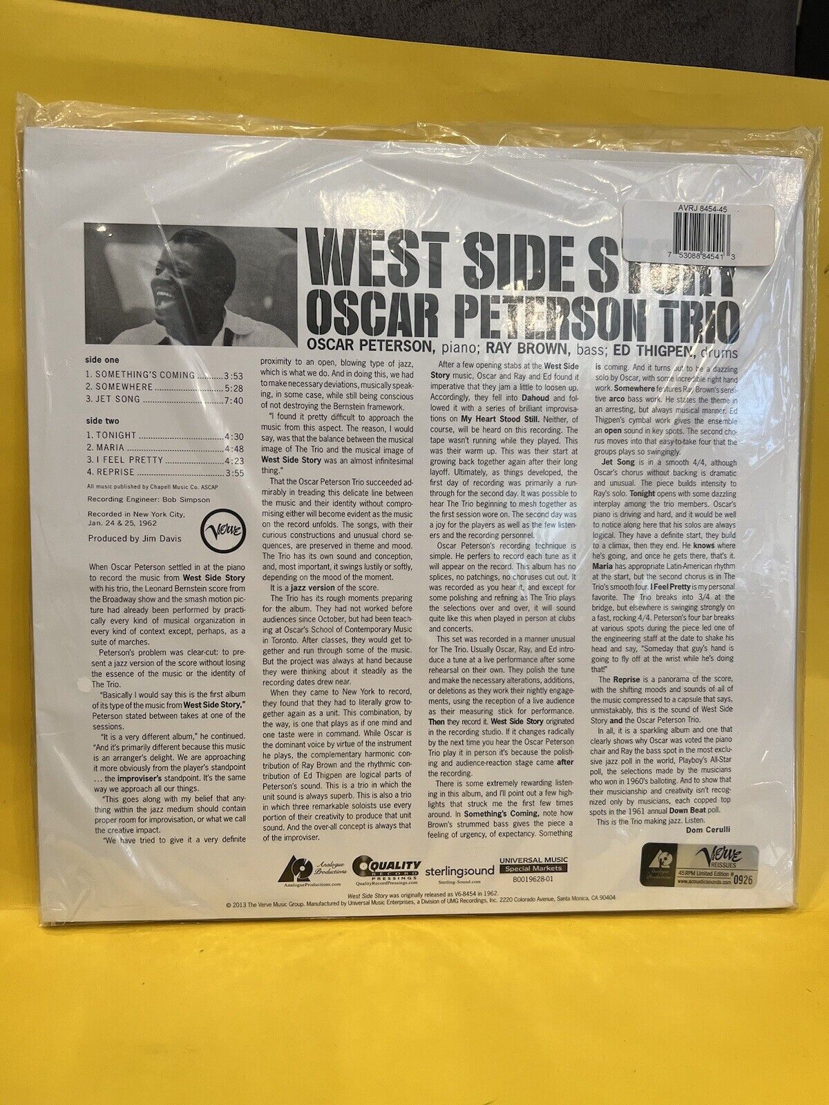 Sealed LP Oscar Peterson Trio West Side Story Quality Records Analogue 45 RPM