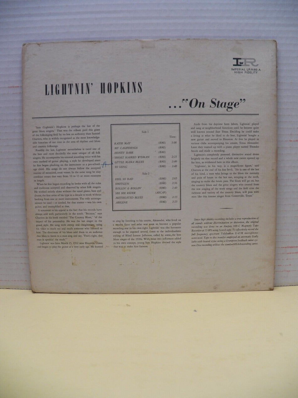 12" LP EX Lightnin' Hopkins On Stage 1962 Imperial Promo LP-9180-A