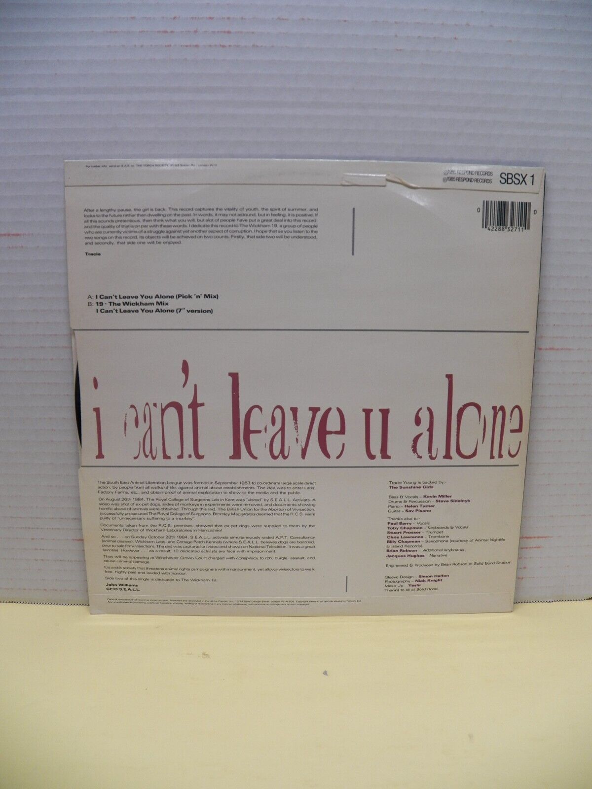 12" Single VG++/EX Tracie Young I Can't Leave You Alone 1985 Respond UK Import