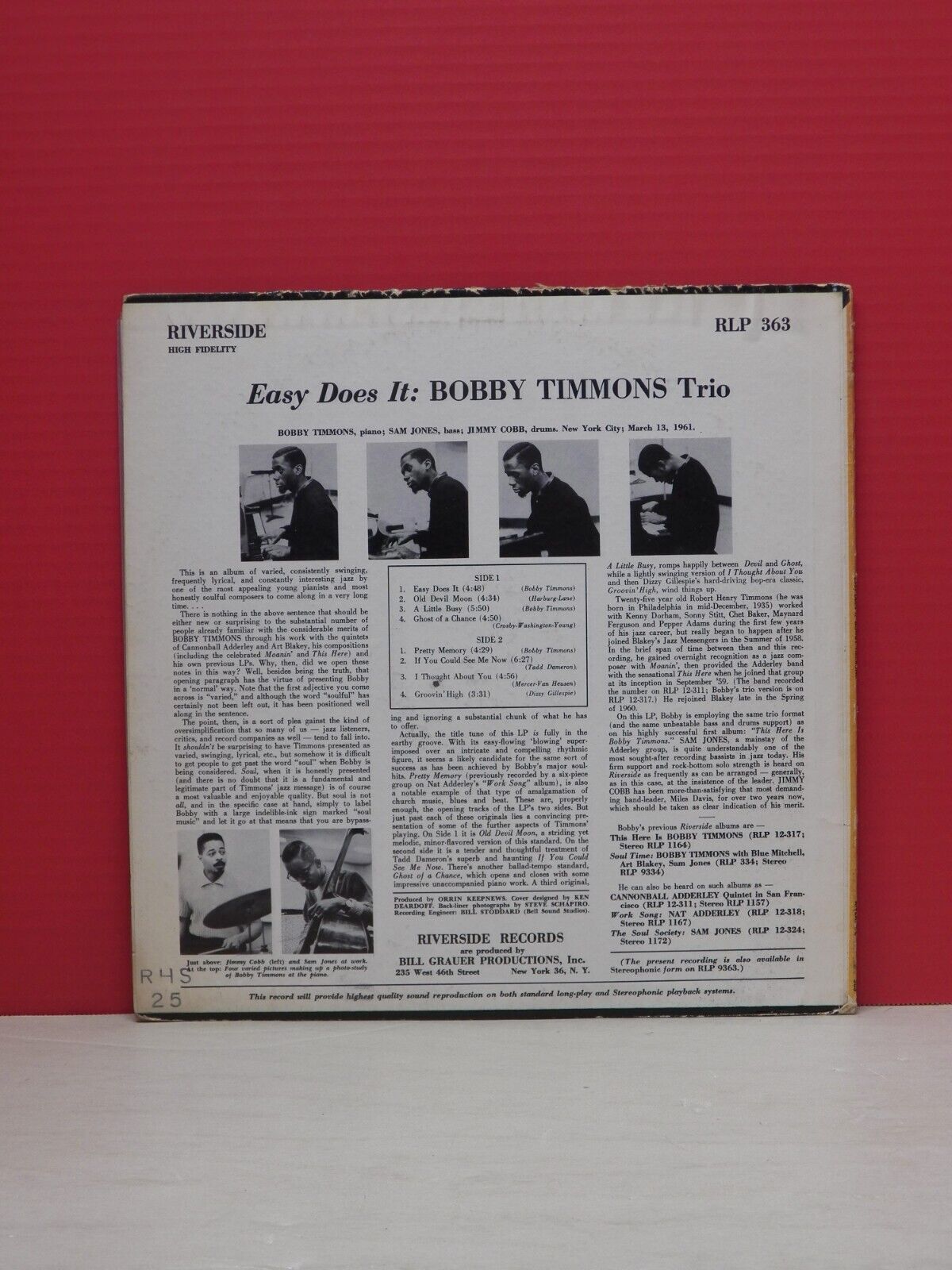 12" LP VG++/EX Bobby Timmons Trio Easy Does It 1961 Riverside Mono RLP 363