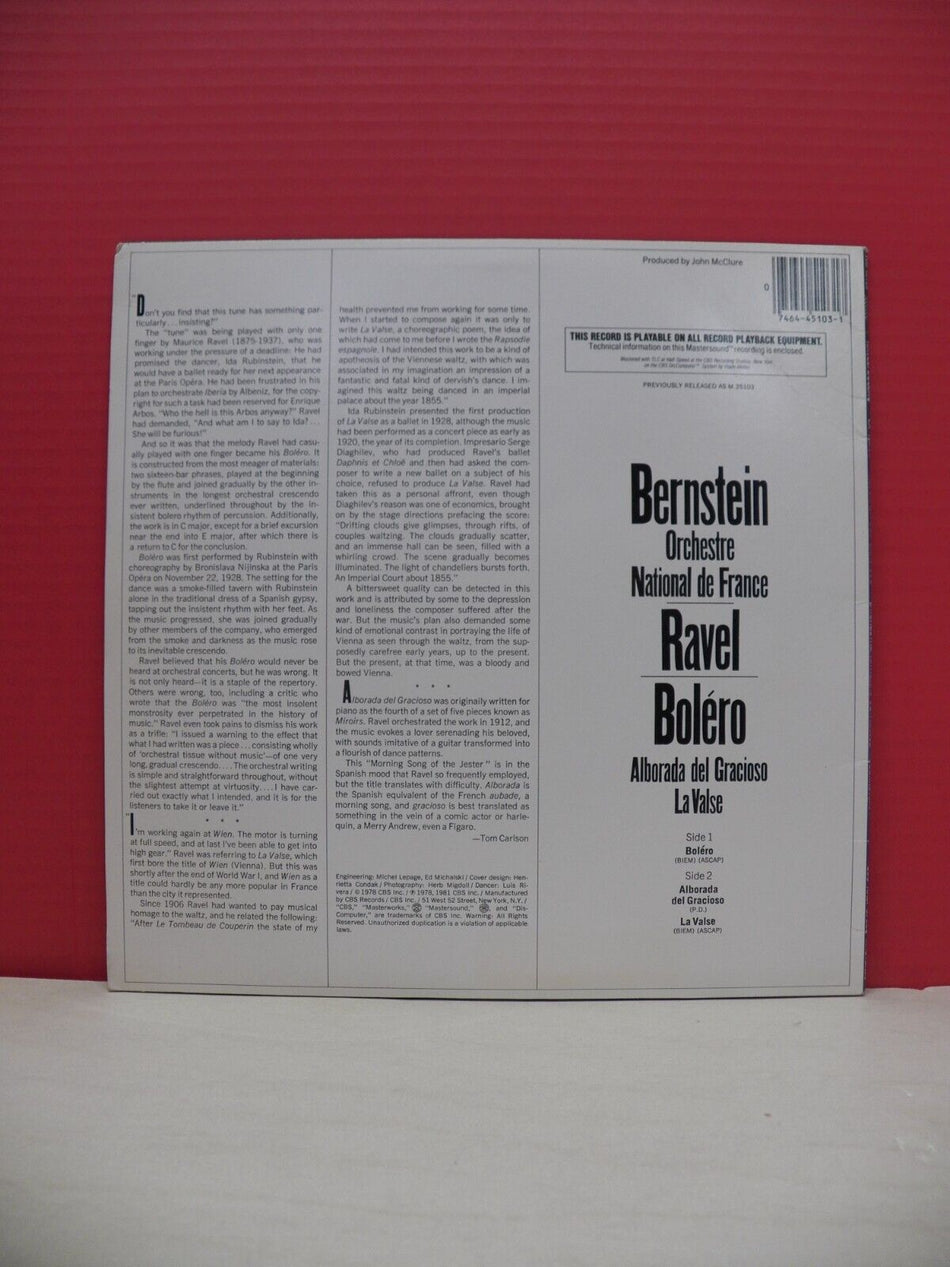 12" LP VG++/EX Leonard Bernstein Ravel: Bolero 1981 CBS Masterworks Half-Speed