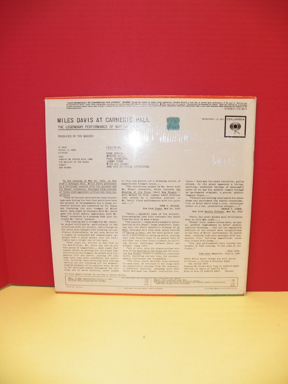 12" LP VG++/EX Miles Davis At Carnegie Hall 1962 Columbia Stereo CS 8612