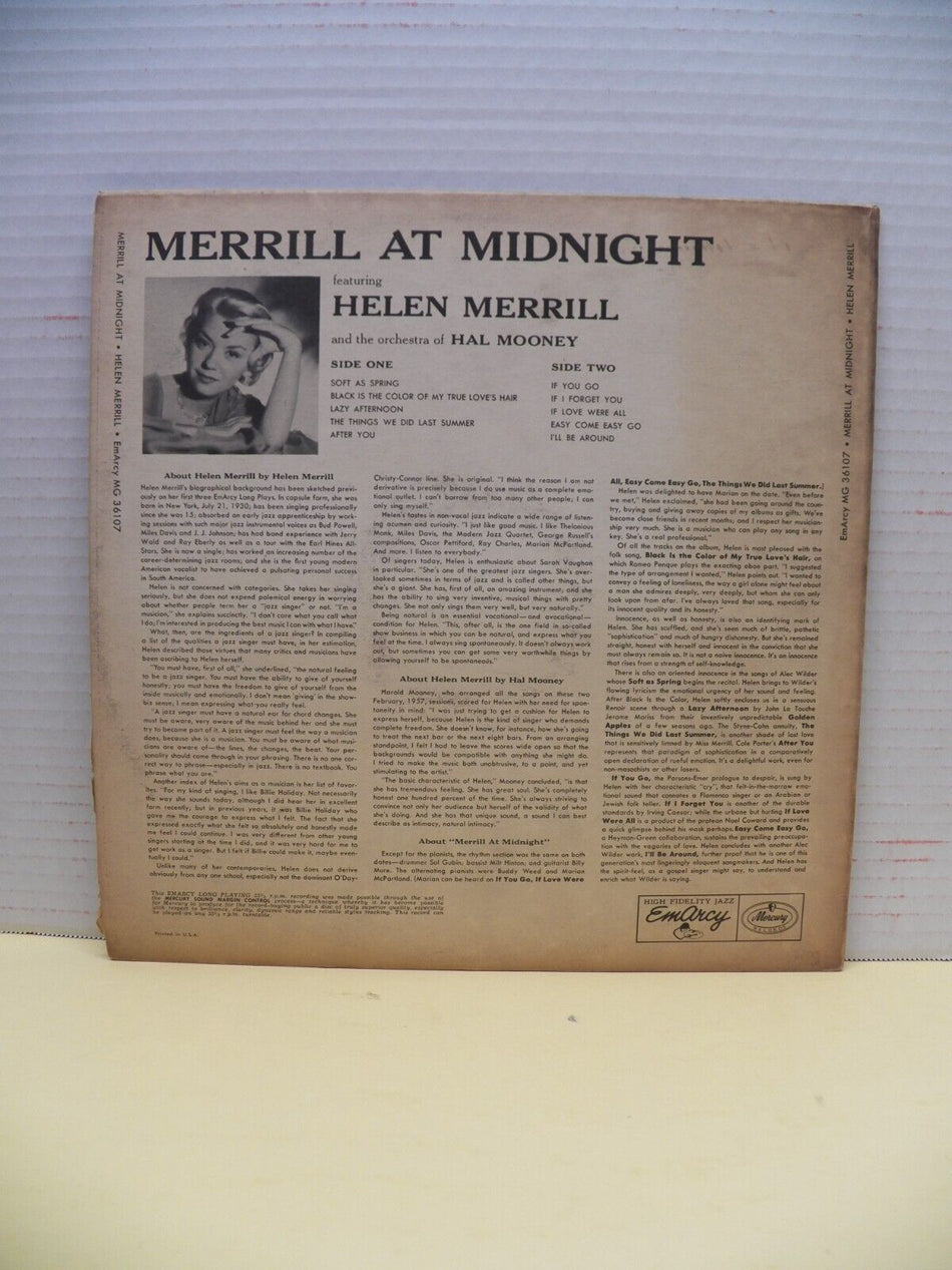 12" LP EX Helen Merrill Merrill At Midnight 1957 EmArcy Mono MG 36107