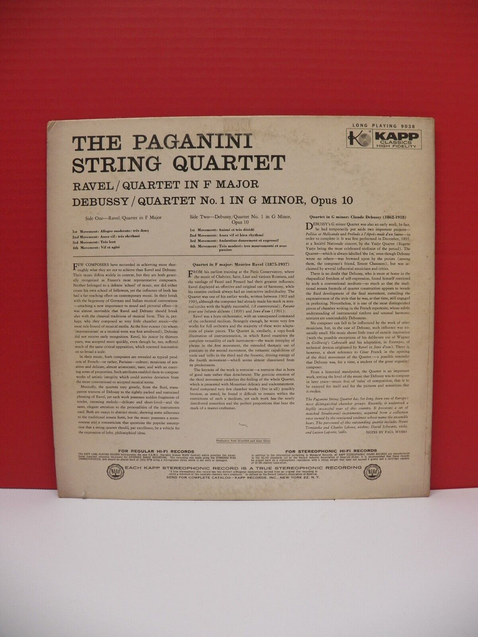 12" LP EX The Paganini String Quartet Ravel / Debussy 1959 Kapp Records Stereo