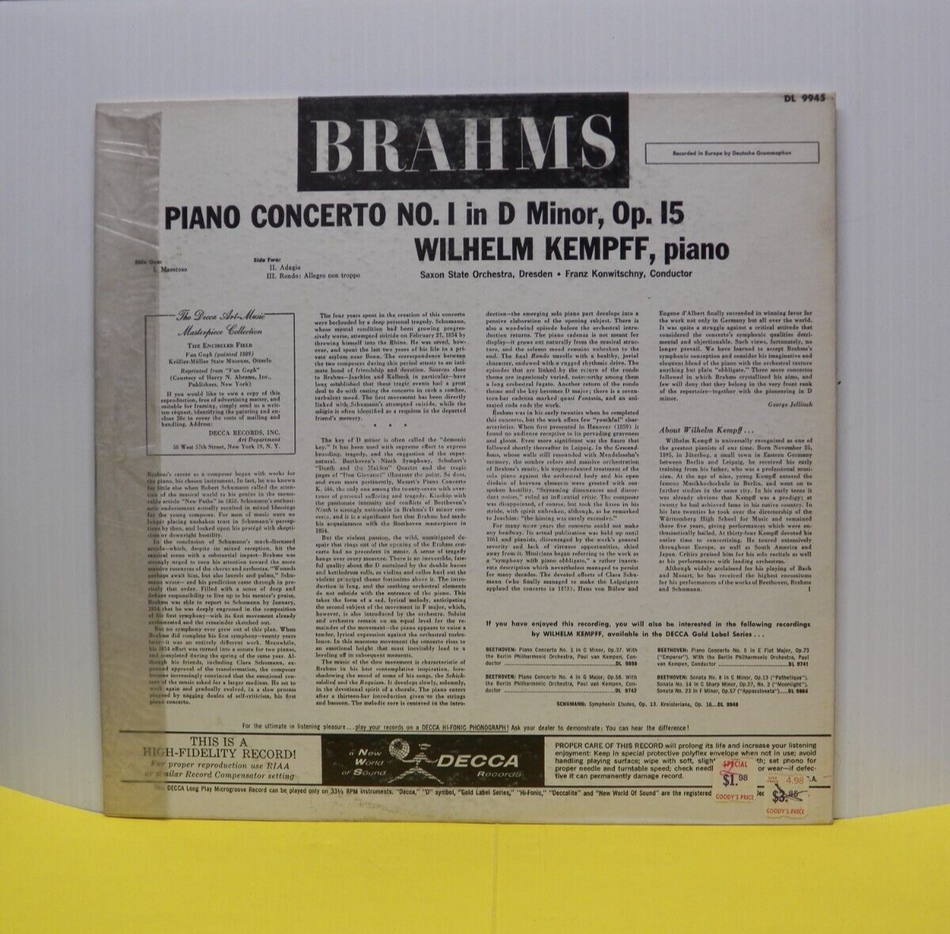 12" LP EX Wilhelm Kempff Brahms: Piano Concerto No. 1 in D Minor, Op. 15 Decca