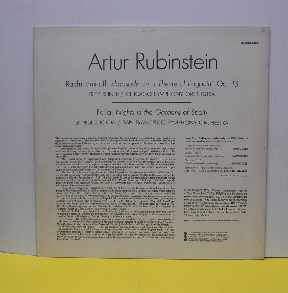 12" LP VG++ Rubinstein Rachmaninoff: Rhapsody On A Theme Of Paganini 1962 Mono