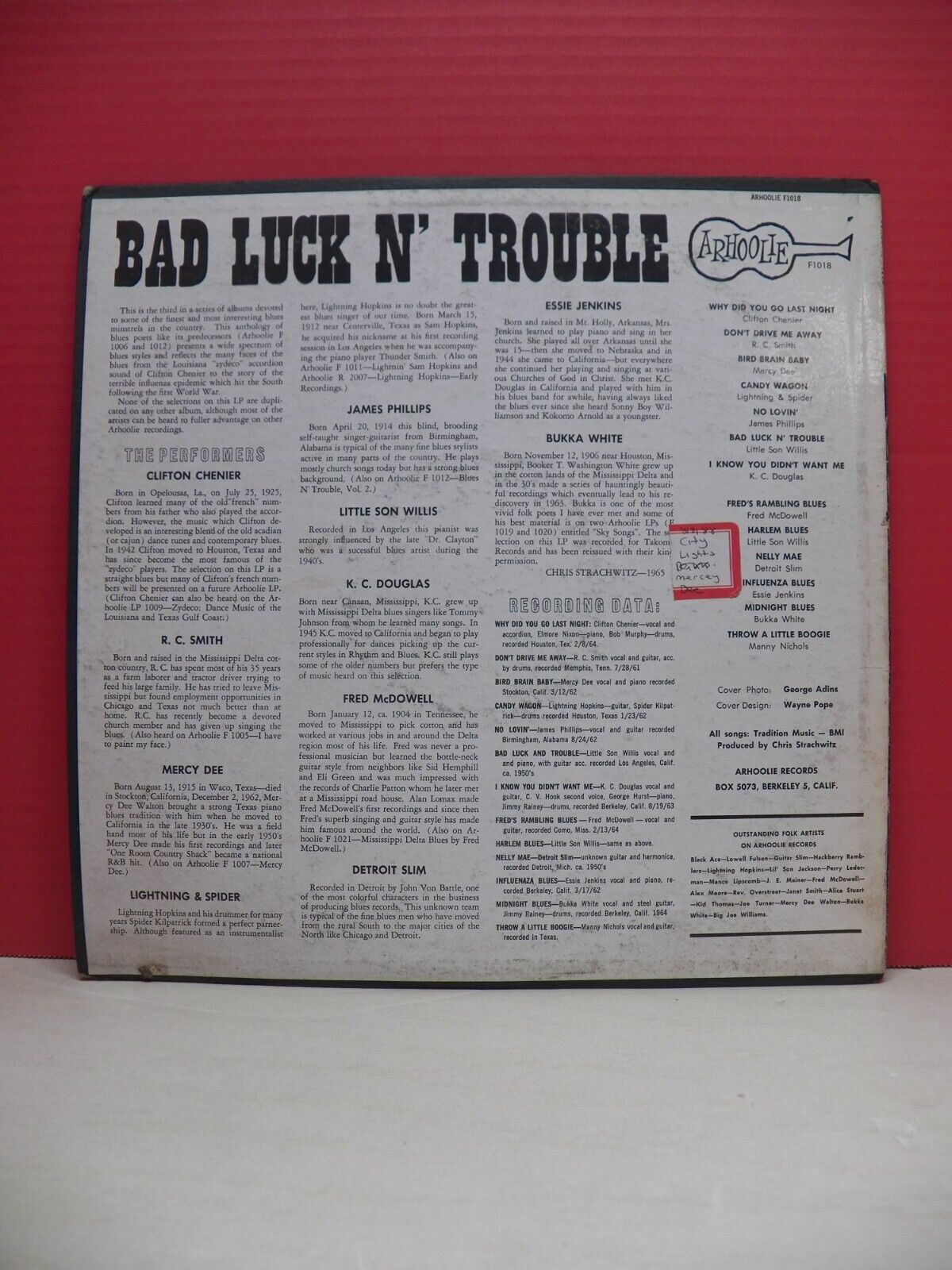 12" LP VG++/EX Various Artists Bad Luck N' Trouble 1965 Arhoolie F1018