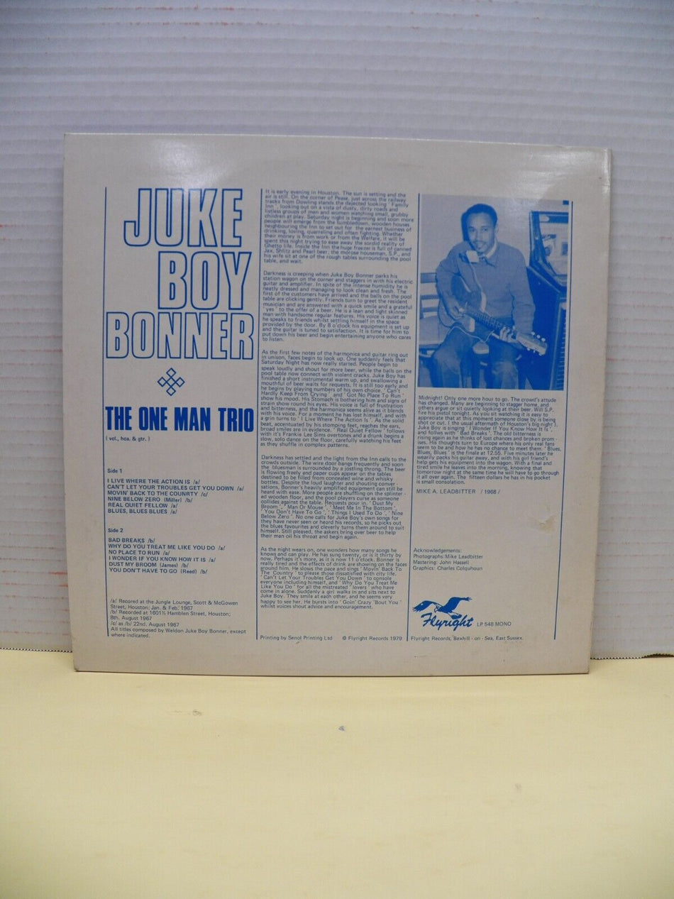 12" LP EX Juke Boy Bonner The One Man Trio 1979 Flyright Reissue Mono UK Import