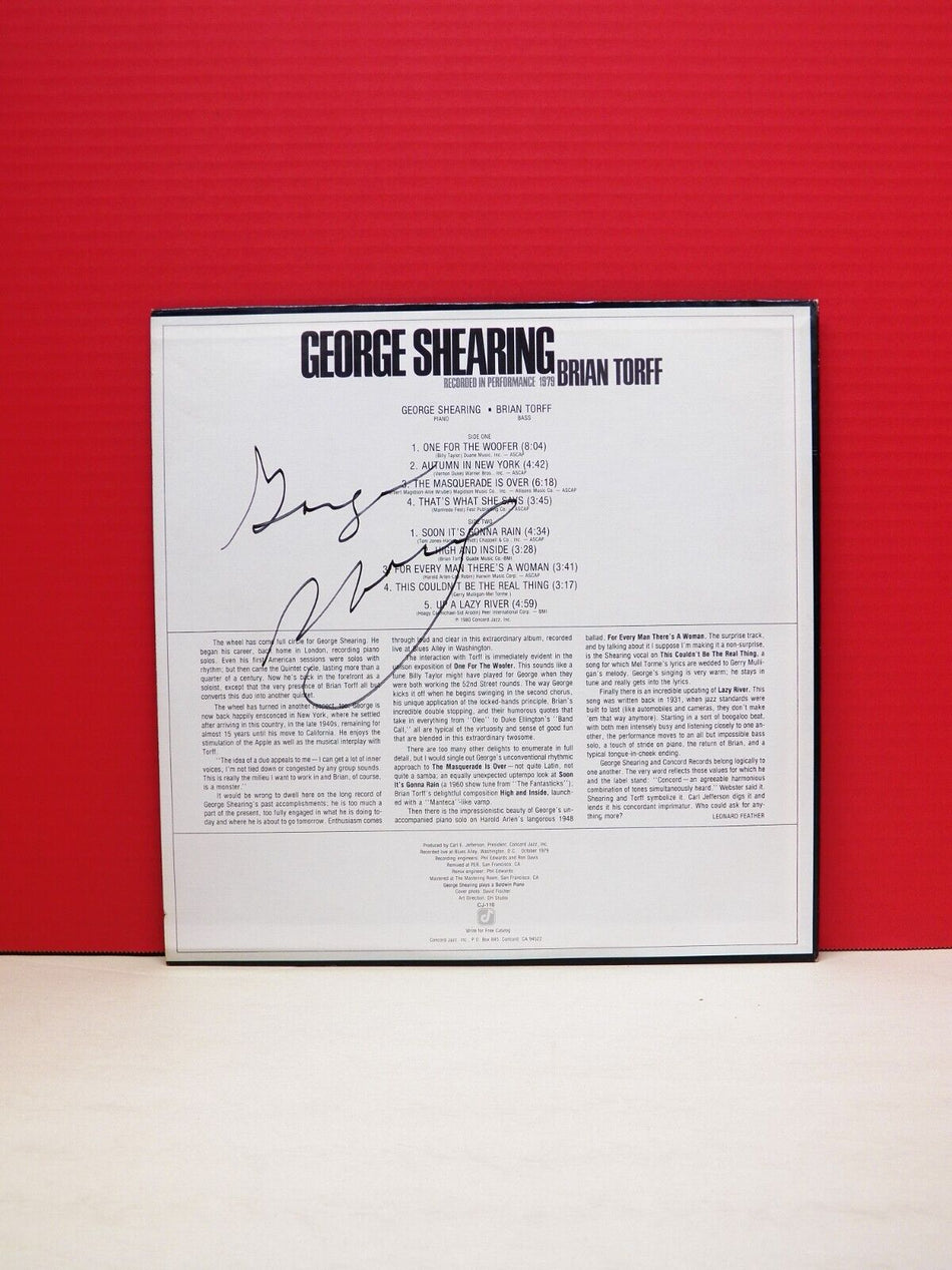 12" LP EX George Shearing/Brian Torff Blues Alley Jazz 1980 Concord Autographed