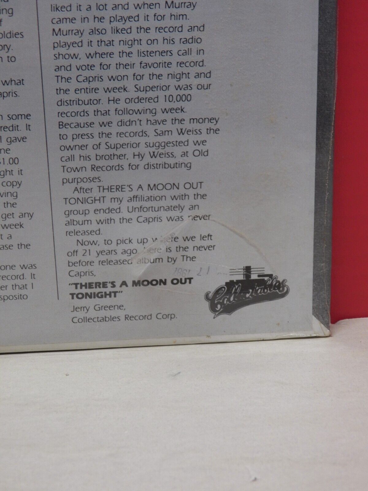 Sealed 12" LP The Capris There's A Moon Out Tonight Collectables COL 5016