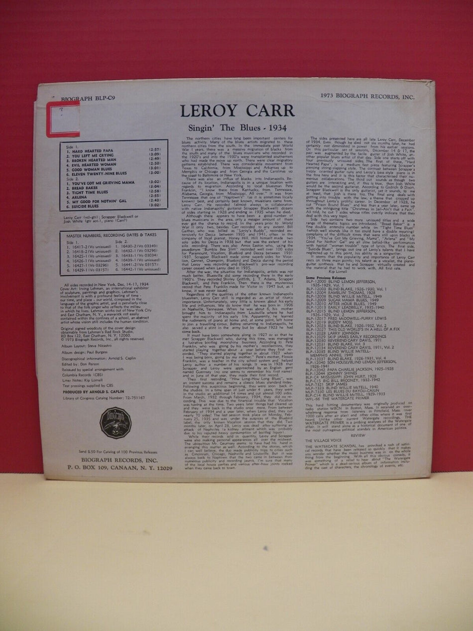 12" LP VG++/EX Leroy Carr Singin' The Blues - 1934 1973 Biograph Mono BLP-C-9