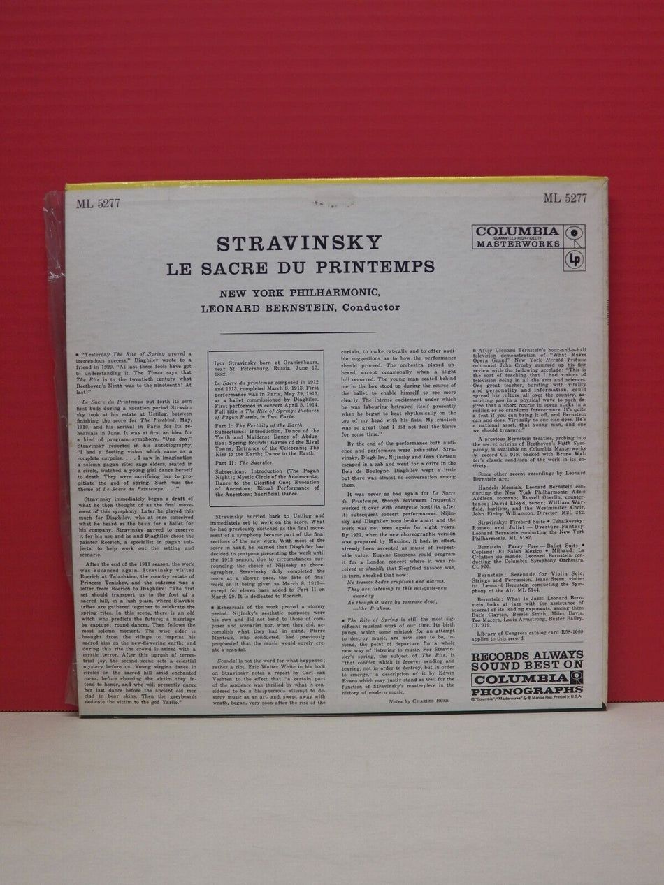 12" LP EX Bernstein/NY Philharmonic Stravinsky: Le Sacre Du Printemps 1958 Mono