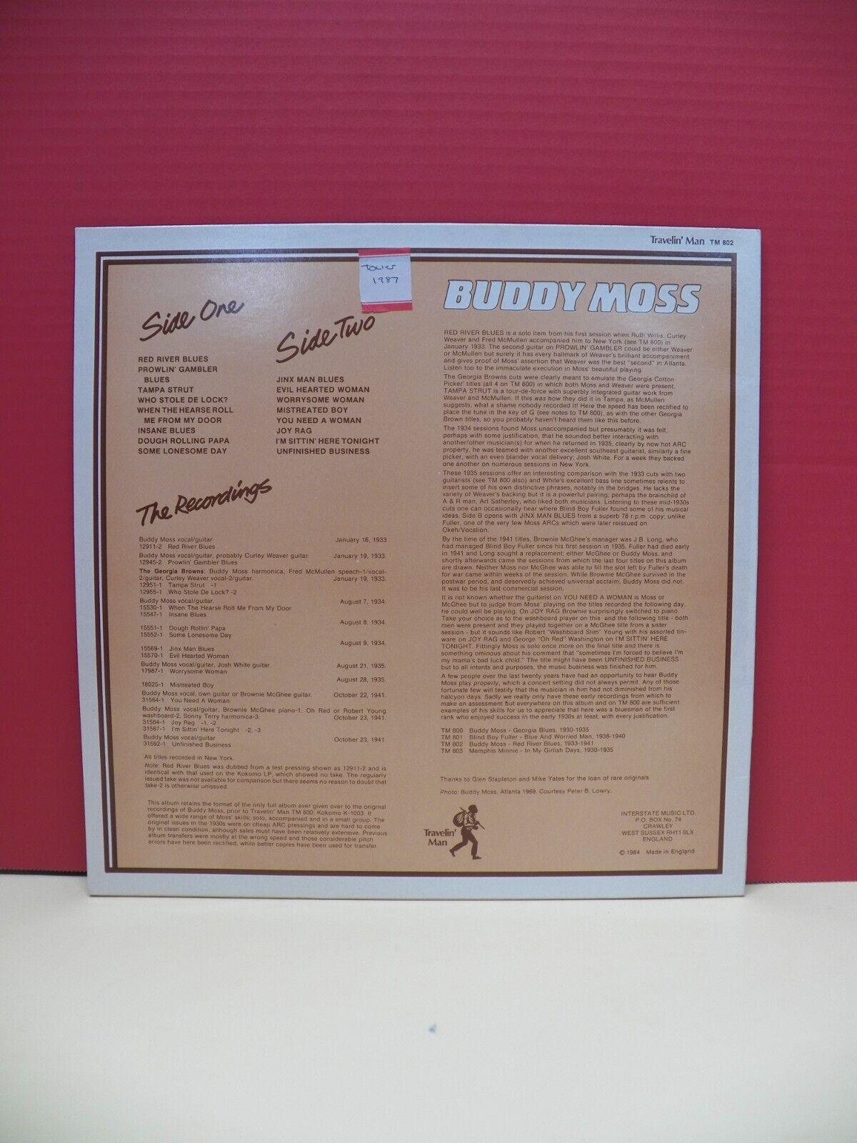 12" LP NM Buddy Moss Red River Blues: 1933-1941 Vol. 2 1984 Travelin' Man Import