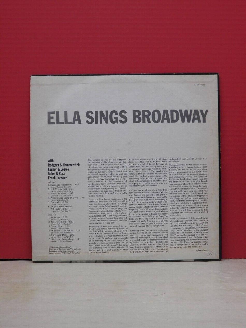 12" LP VG++/EX Ella Fitzgerald Ella Sings Broadway 1963 Verve Mono V-4059