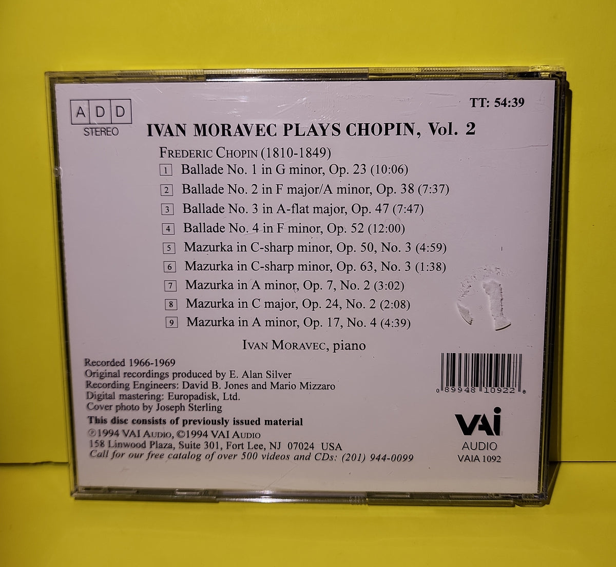 Ivan Moravec, Chopin  - Plays Chopin Vol.2 - The Four Ballades, Five Mazurkus - 1994 - VAIA 1092 Used - EX - CDs