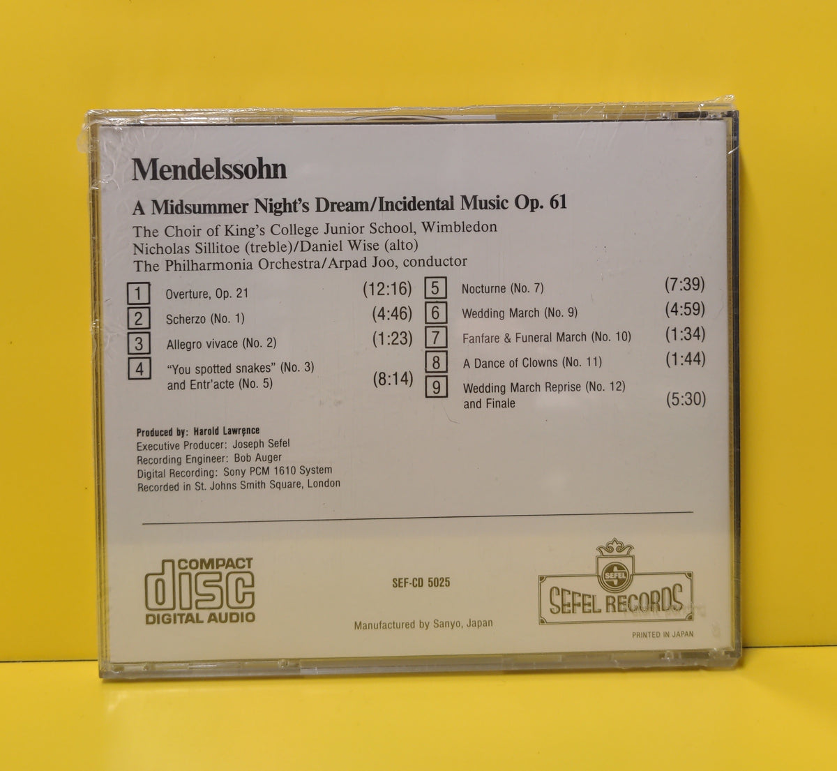 Mendelssohn - Arpad Joo, King's College Choir Of Wimbledon, Philharmonia Orchestra Of London, Nicholas Sillitoe, Daniel Wise - A Midsummers Night's Dream, Incidental Music Op. 61 - 1984 - SEF-CD 5025 New - Sealed - CDs