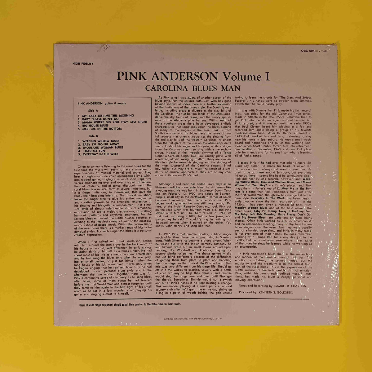 Pink Anderson - Volume 1 Carolina Blues Man / Remaster w. Shrink - 1984 - OBC-504 Used - EX - Vinyl