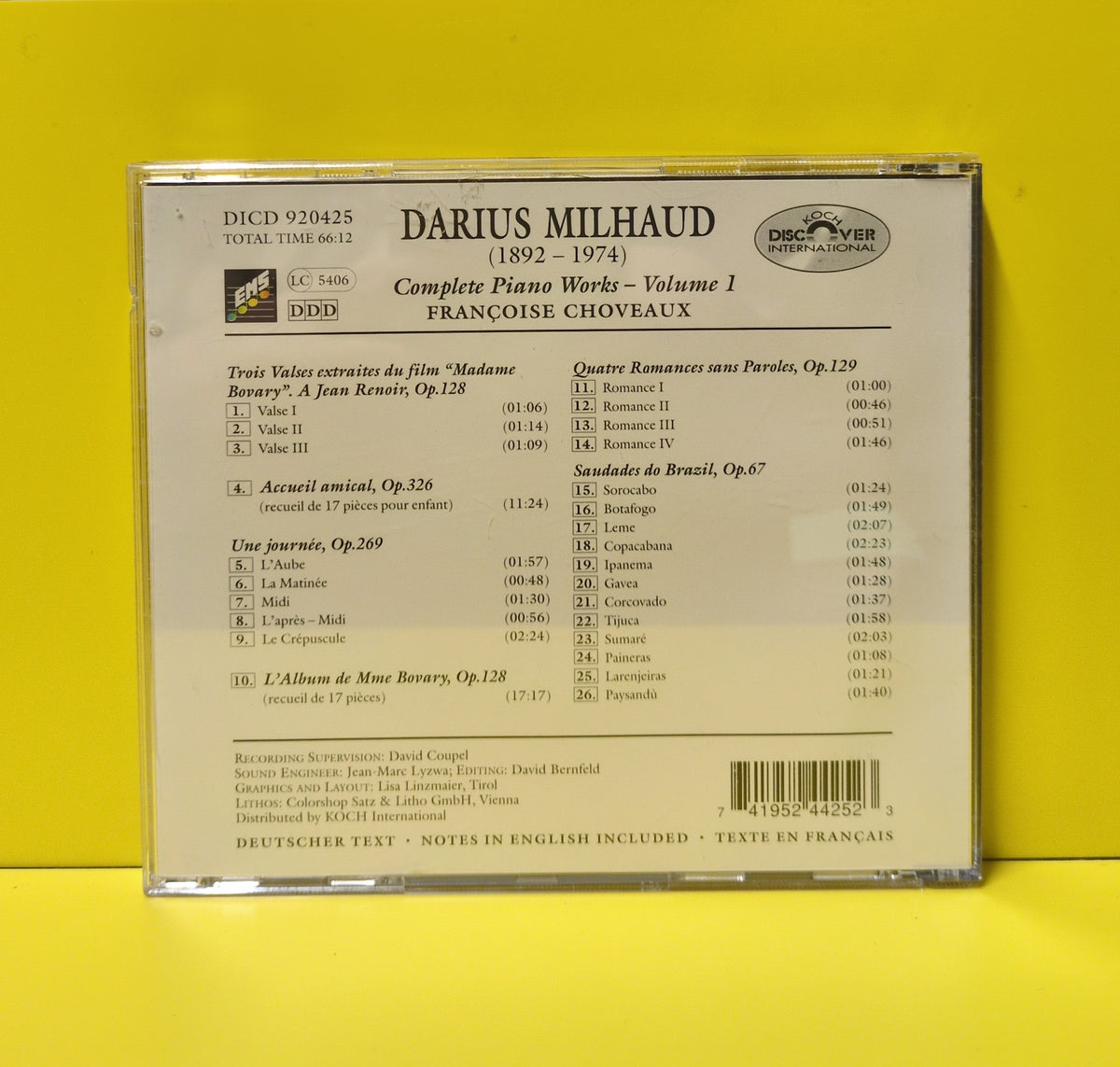 Darius Milhaud, Francoise Choveaux - Complete Piano Works Volume 1 - 1997 - DICD 920425 Used - EX - CDs