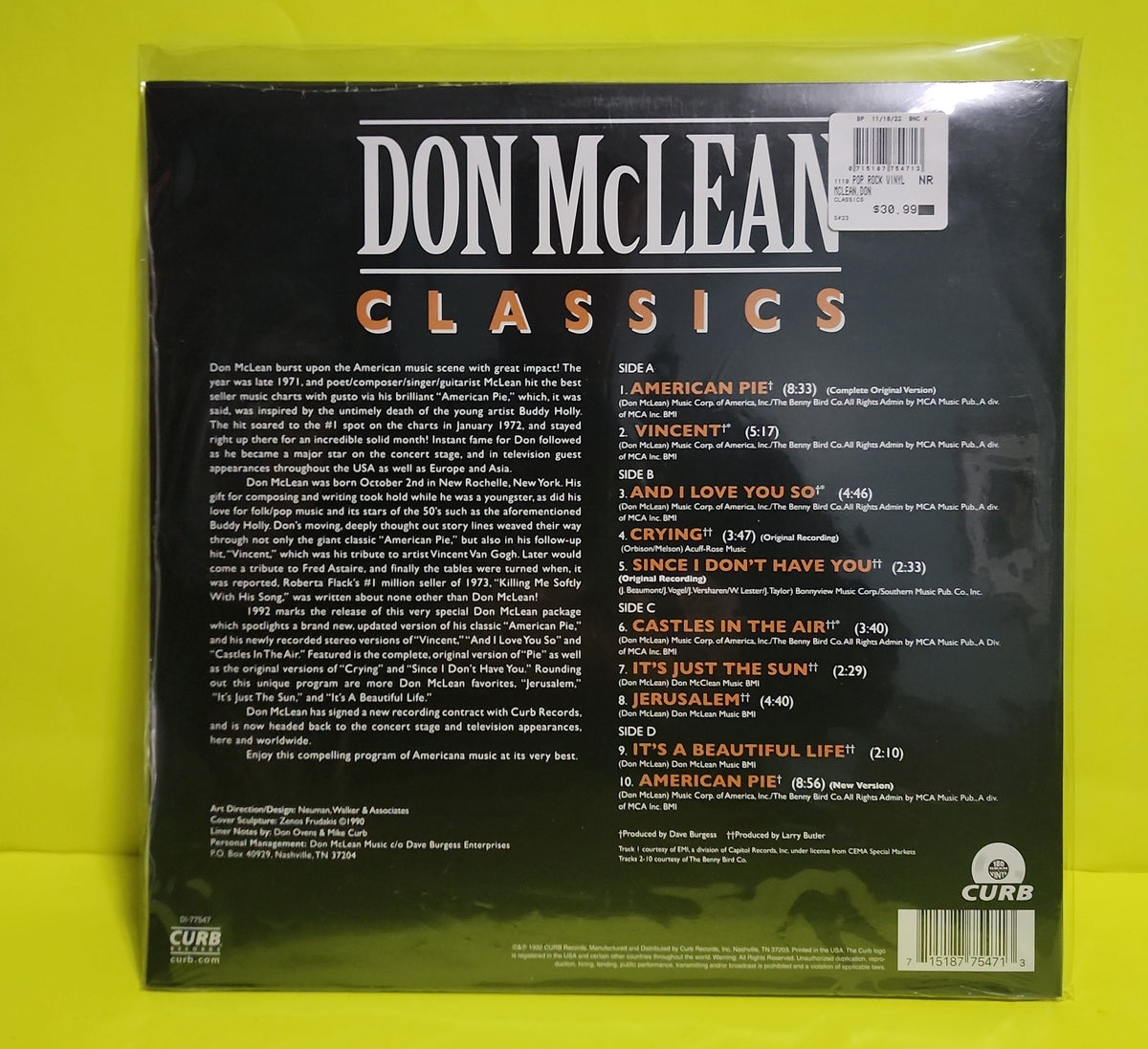 Don McLean - Classics - 2022 - D1-77547 New - Sealed - Vinyl