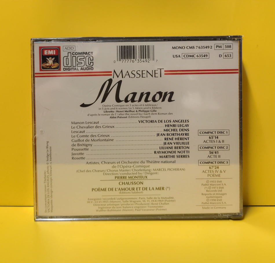 Massenet, Victoria De Los Angeles, Henri Legay, Michel Dens, Chœurs Et Orchestre Du Théâtre National De L'Opéra-Comique, Pierre Monteux - Manon - 1990 - CMS 7 63549 2 New - Sealed - CDs