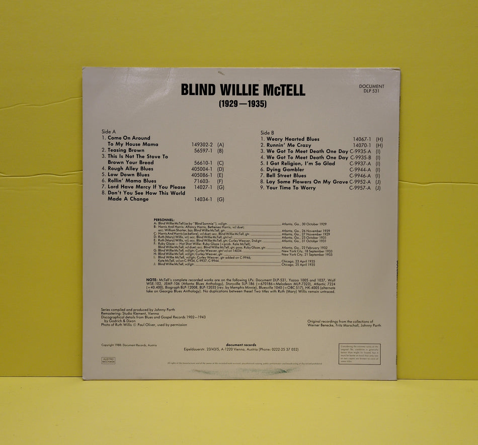 Blind Willie McTell - (1929-1935) - 1988 - DLP 531 Used - EX - Vinyl - Limited Edition - Remastered - Mono