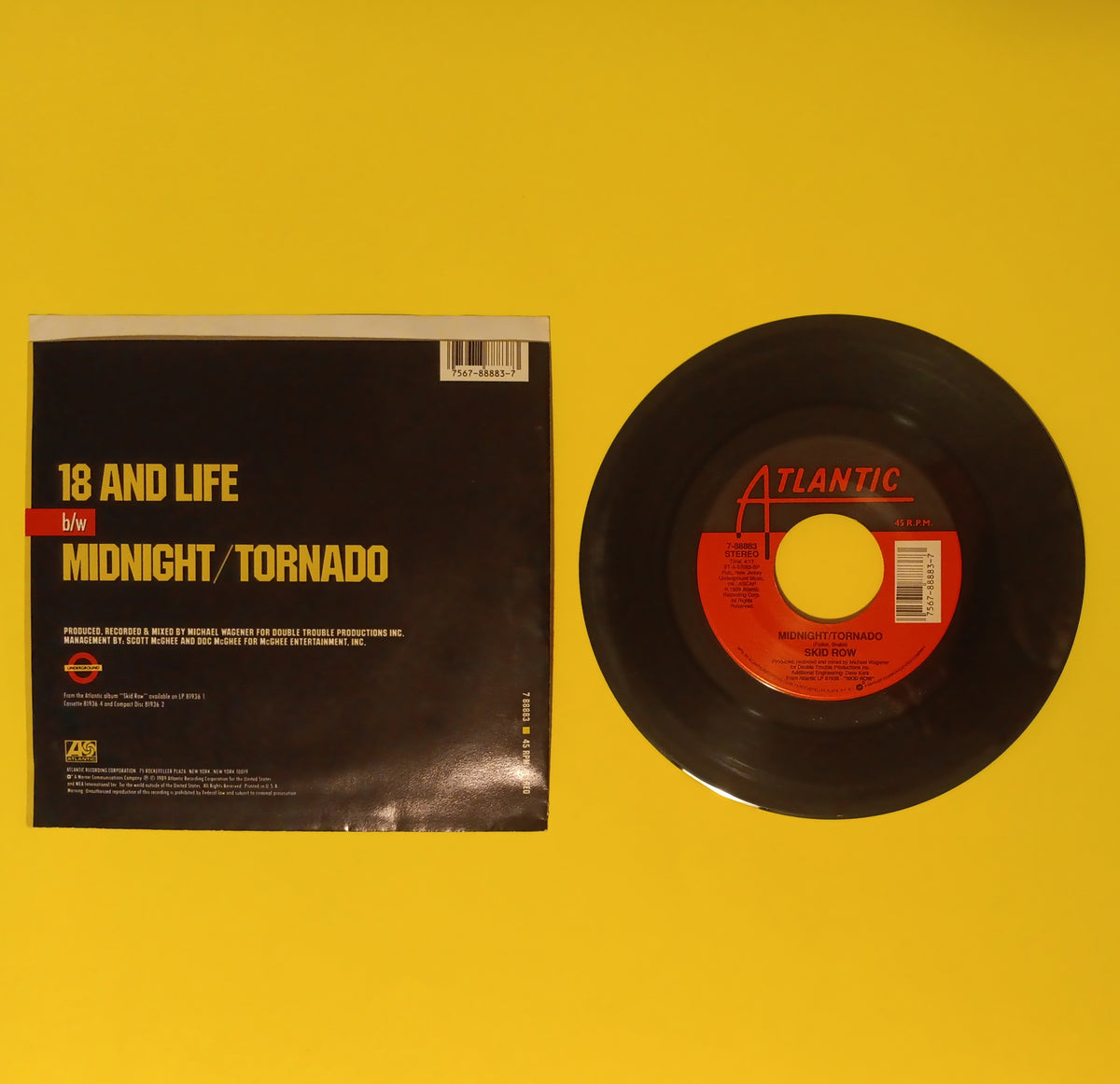 Skid Row - 18 & Life / Midnight Tornado - 1989 - 7 88883 Used - VG+ - 7" Vinyl