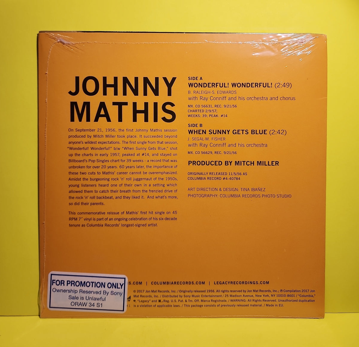Johnny Mathis - 7''RSD Wonderful! Wonderful! / When Sunny Gets Blue - 2017 - 88985417587JK1 New - Sealed - Vinyl