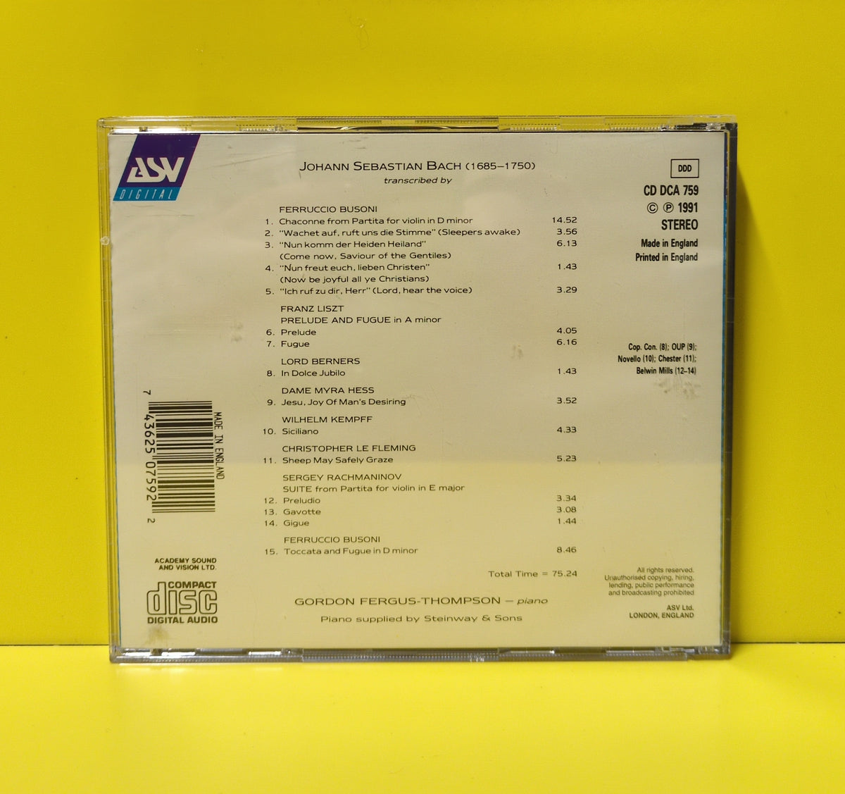 J.S. Bach, Busoni, Liszt, Berners, Hess, Kempff, Le Fleming, Rachmaninov, Gordon Fergus-Thompson - Chaconne - Bach Transcribed - 1991 - CD DCA 759 Used - EX - CDs