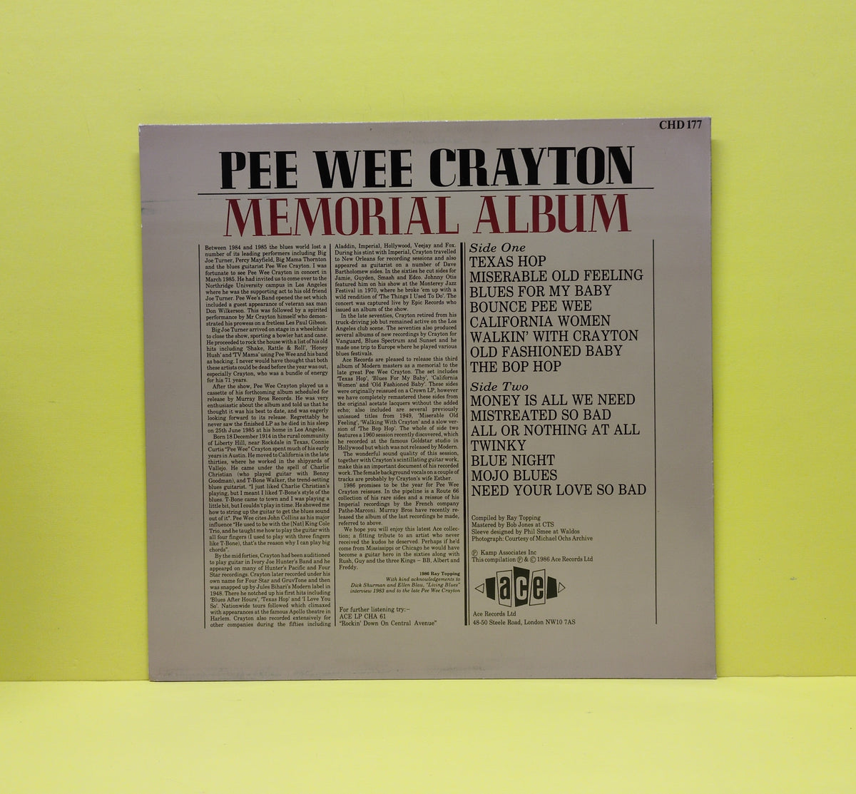 Pee Wee Crayton - Memorial Album - 1986 - CHD 177 Used - EX - Vinyl