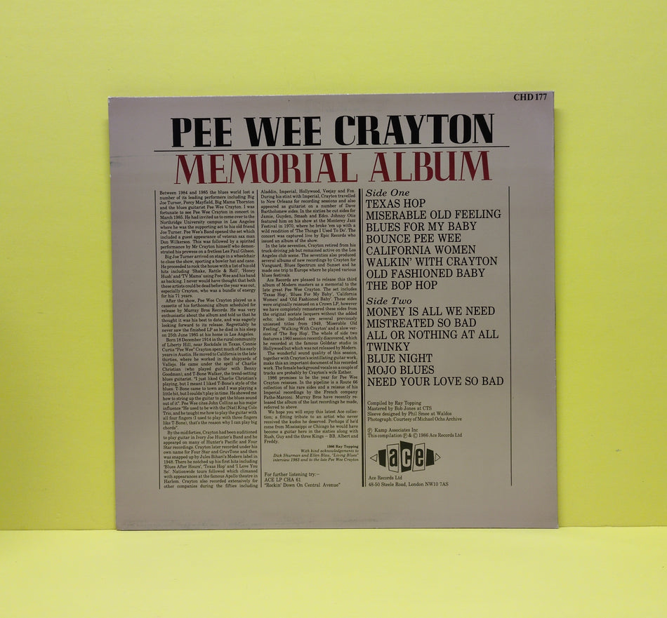Pee Wee Crayton - Memorial Album - 1986 - CHD 177 Used - EX - Vinyl