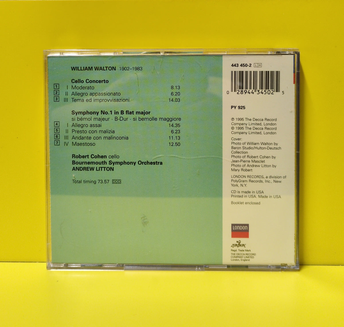 Walton, Robert Cohen, Andrew Litton, Bournemouth Symphony Orchestra - Symphony No. 1, Cello Concerto - 1995 - 443 450-2 Used - EX - CDs
