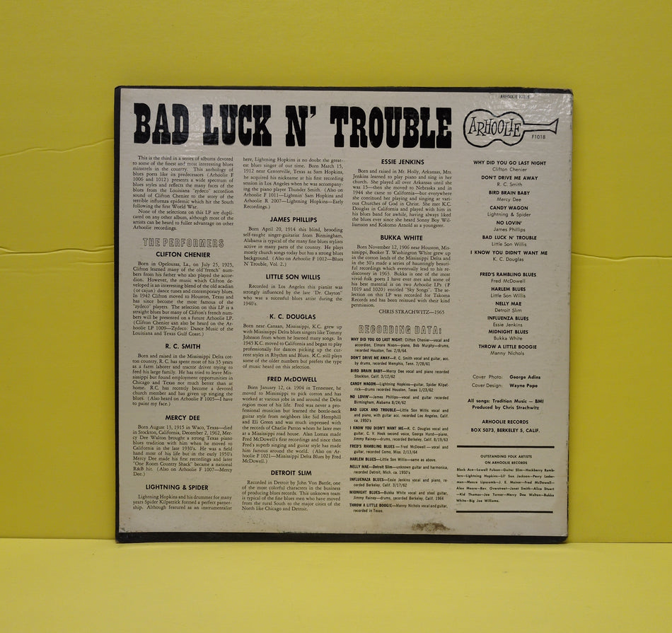 12" LP VG++ Various Artists Bad Luck N' Trouble 1965 Arhoolie F1018 - Side # On Label