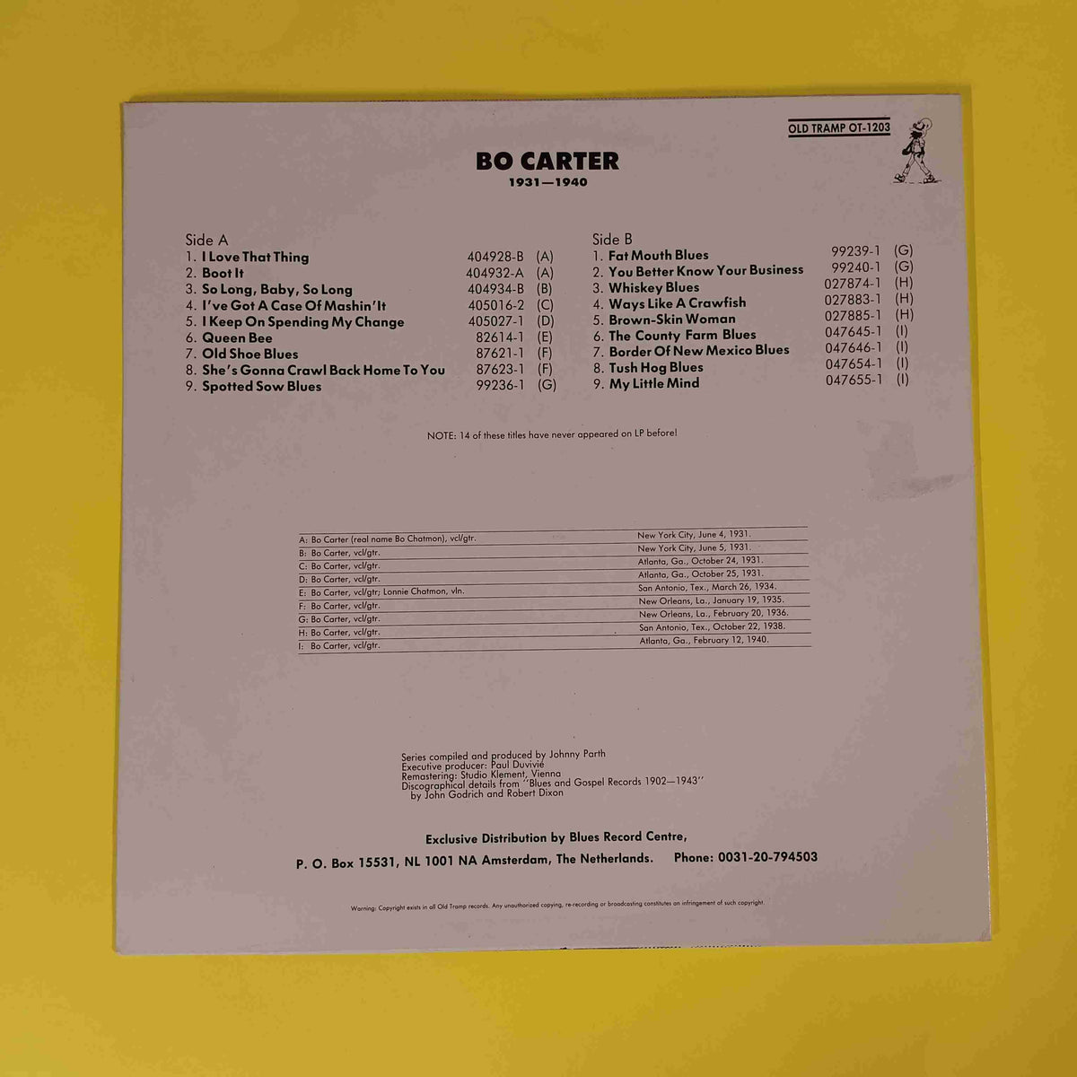 Bo Carter  - 1931 - 1940 / Holland Mono Remaster - 1987 - OT-1203 Used - EX - Vinyl