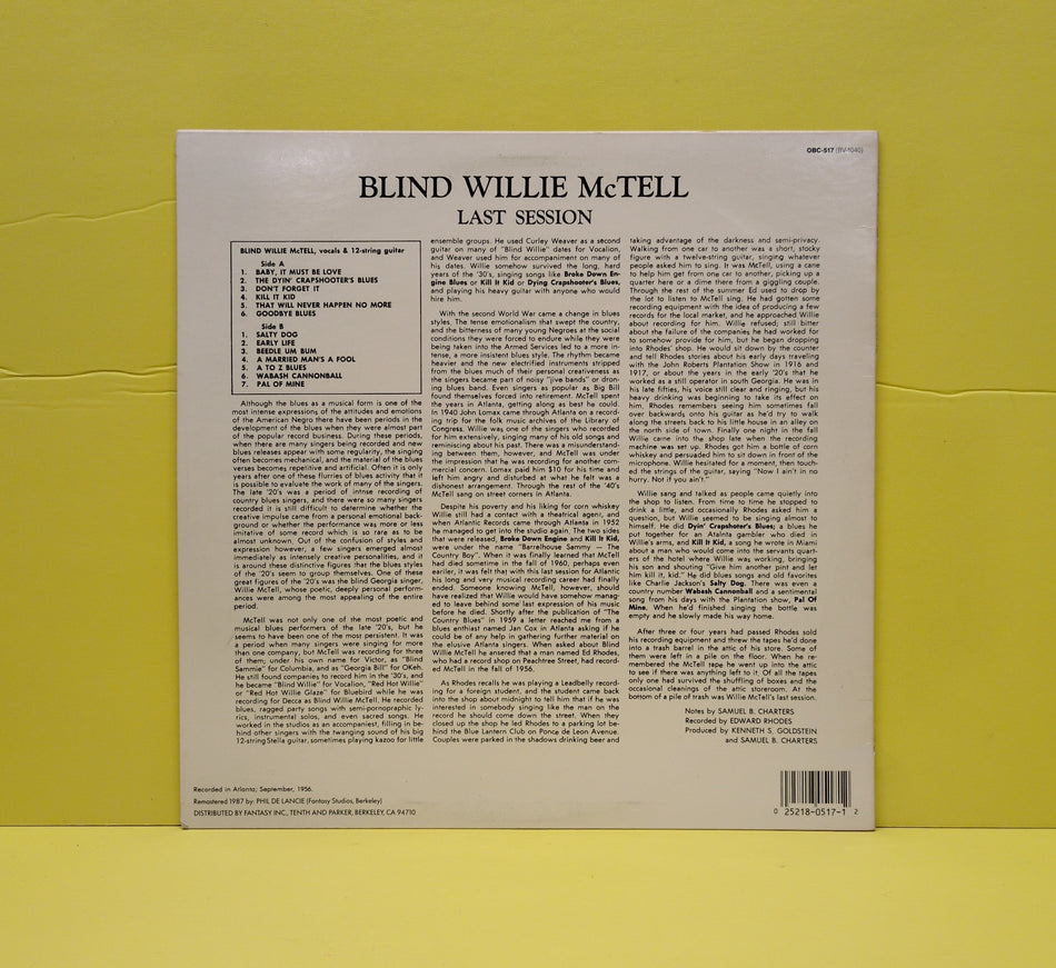 Blind Willie McTell - Last Session - 1987 - OBC-517 Used - EX - Vinyl