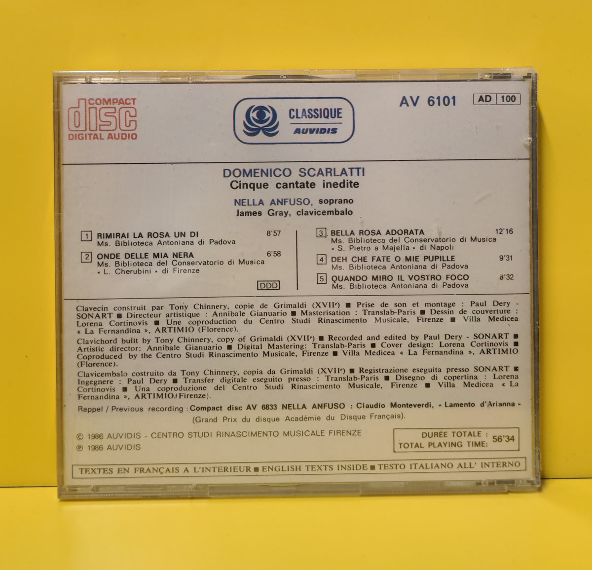Domenico Scarlatti/Nella Anfuso, James Gray - Cinque Cantate Inedite - 1986 - AV 6101 New - Sealed - CDs
