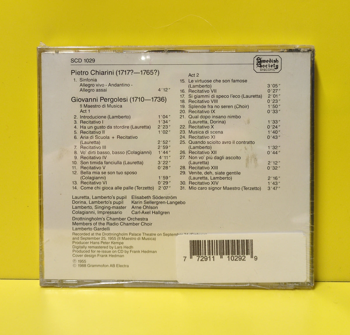 Giovanni Pergolesi, Elisabeth Soderstrom, Arne Ohlson, Carl-Axel Hallgren, Drottningholm's Chamber Orchestra, Lamberto Gardelli - Il Maestro Di Musica - 1988 - SCD 1029 New - Sealed - CDs